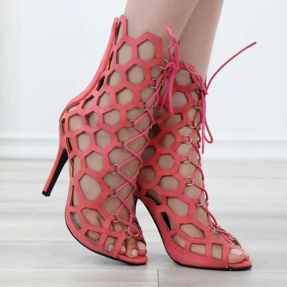 Lace-Up Strappy Glam Gladiator Suede Open Toe Needle High Heel Stiletto Sandals - Picture 7 of 11